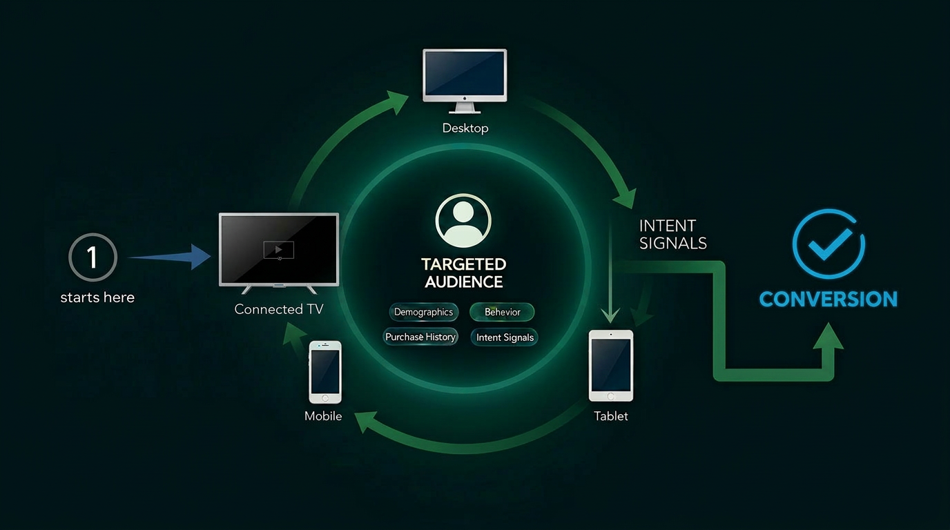 Cross-screen journey infographic showing a targeted audience surrounded by TV, mobile, desktop, and tablet screens with sequential messaging arrows leading to conversion